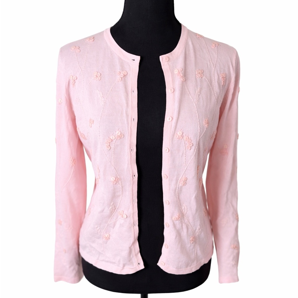 JAXSPORT Pink Embroidered Cardigan Y2K Balletcore Coquette Soft Girl Chic- Small